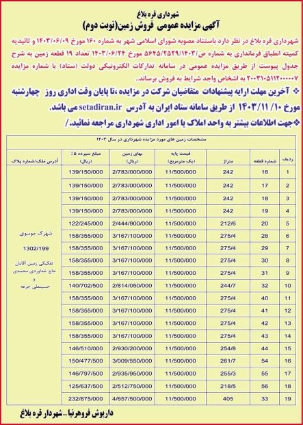 آگهی مزایده‌ی فروش زمین (نوبت دوم)
