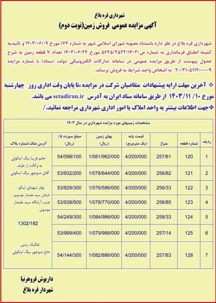 آگهی مزایده‌ی فروش زمین (نوبت دوم)